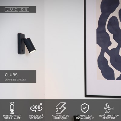 Lucide CLUBS - Lampe de chevet / Applique mural - 1xGU10 - Noir